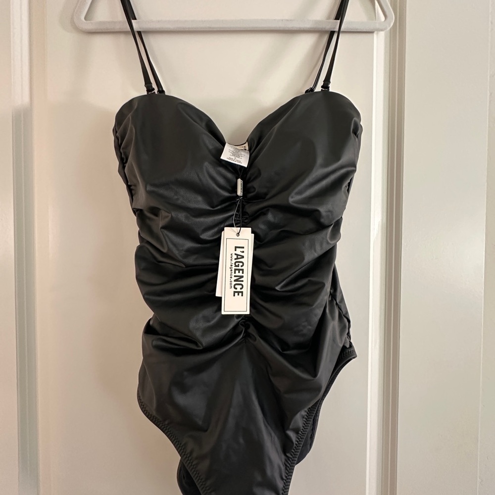 NWT L'AGENCE Aubrey Ruched Faux Leather One-Piece Swimsuit - Picture 2 of 9